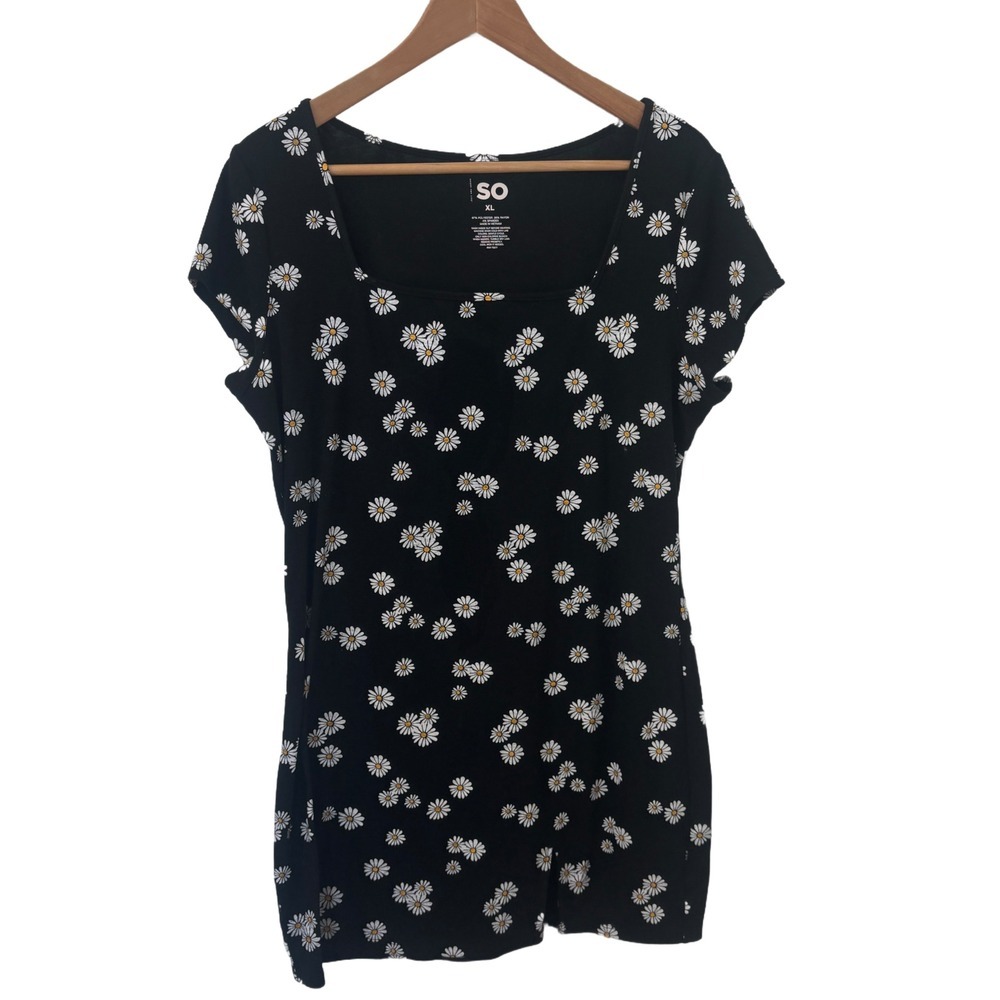 SO Daisy Floral Square Neck Mini Dress Black White XL Short Sleeve Side Slit